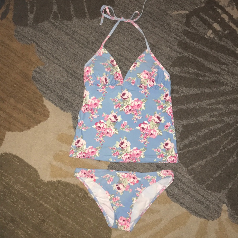 Blue floral halter tankini, size small